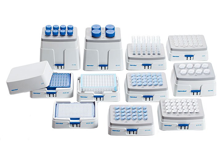 ThermoMixer Mixerfamilie für Reaktionsgefäße, PCR-Platten, Deepwell-Platten und MTP. Diese Geräte vereinen präzises Temperieren und Mischen im Labor.