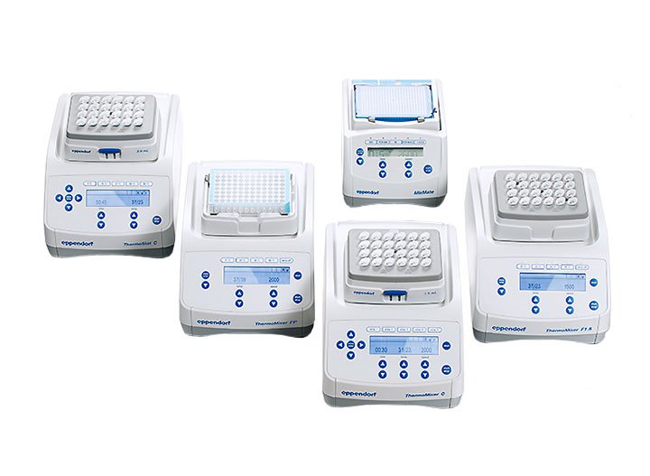 ThermoMixer Mixerfamilie für Reaktionsgefäße, PCR-Platten, Deepwell-Platten und MTP. Diese Geräte vereinen präzises Temperieren und Mischen im Labor.