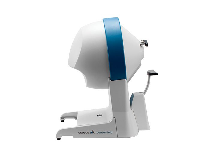 Centerfield Ophthalmologic instrument for perimetry. Easy to use by electrically adjustable chin rest and integrated docking station for a laptop.