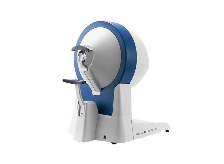 Centerfield Ophthalmologic instrument for perimetry. Easy to use by electrically adjustable chin rest and integrated docking station for a laptop.