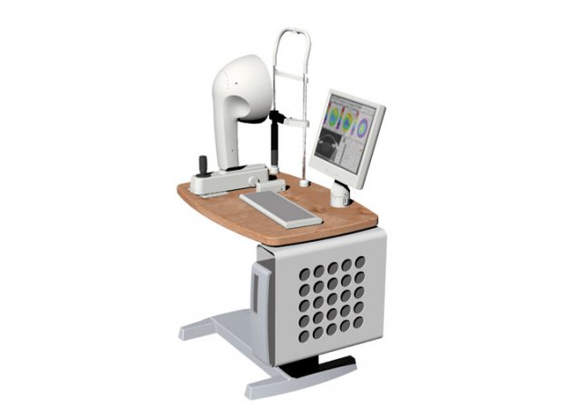 Modular and vertically adjustable system table for ophthalmologic instruments. 